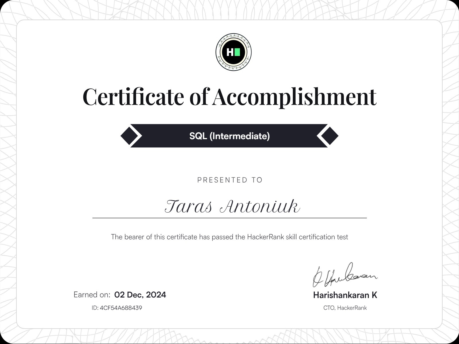 SQL Intermediate Certificate